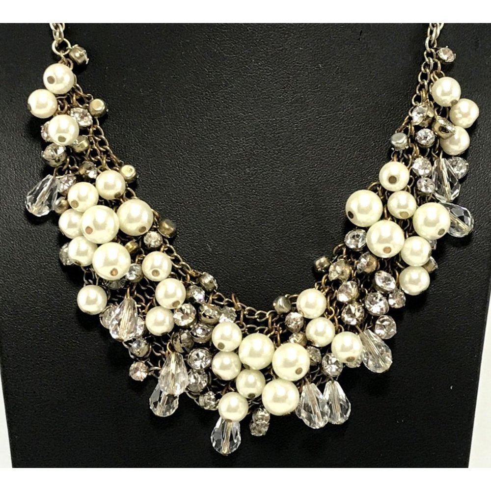 Fringed Chain Mesh Bib Necklace Cluster Faux Pearls Crystals and Rhinestones - Picture 2 of 3